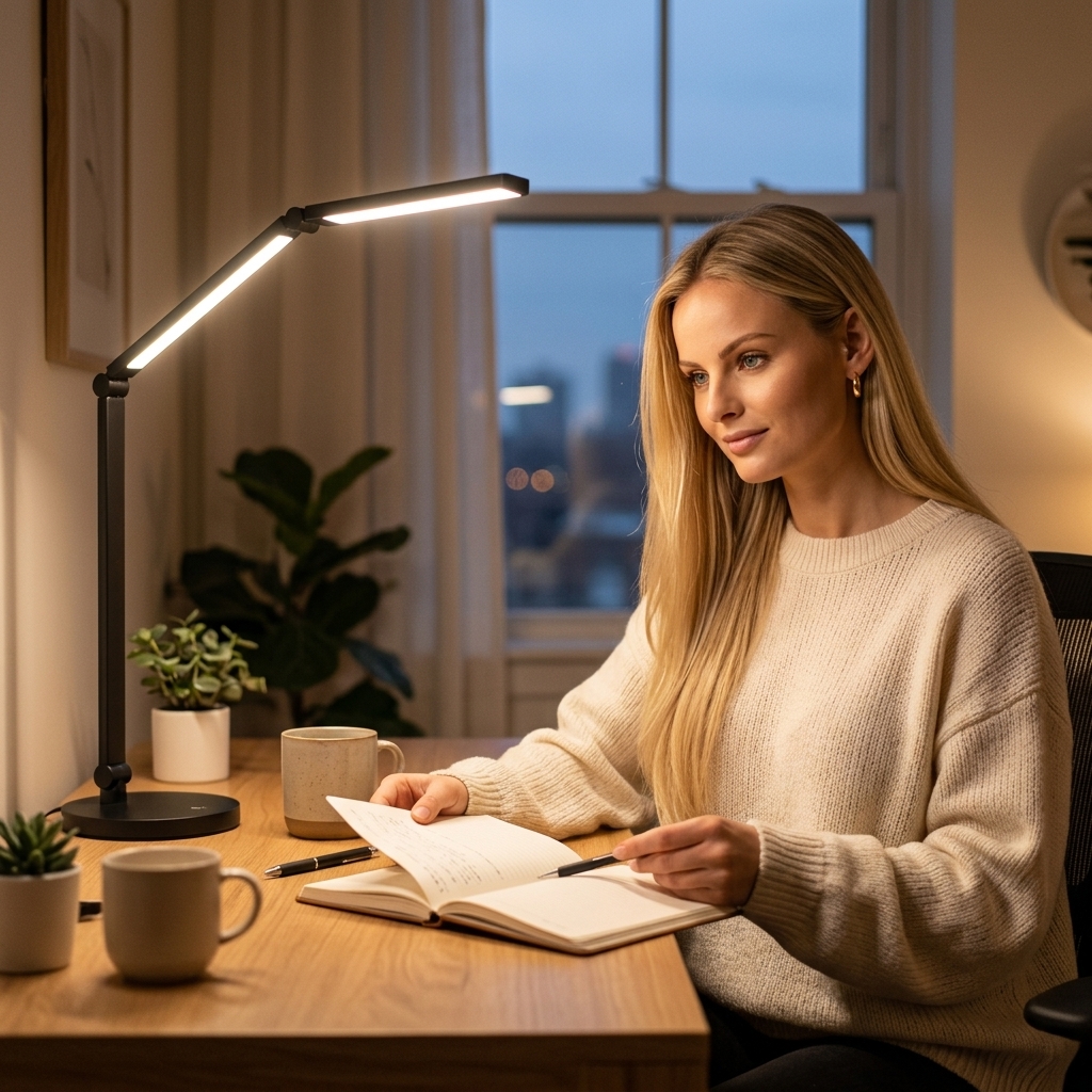 Jenna working at an ergonomically designed home office with warm desk lamp lighting, comfortable posture, and a clean productive workspace