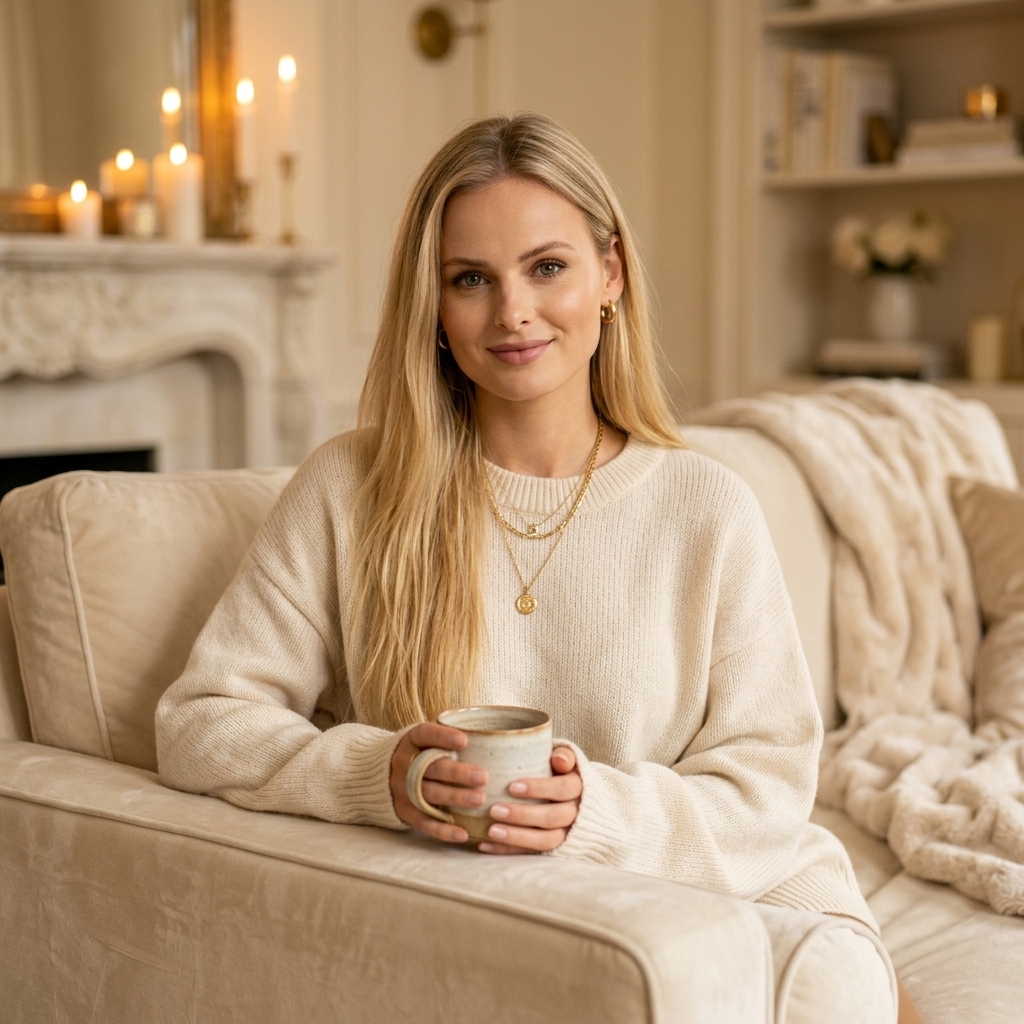 Jenna enjoying a cozy wellness moment at home